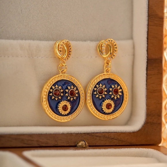 18K Gold Plated Sun Flowers Drop Earrings - Picture 1 of 8
